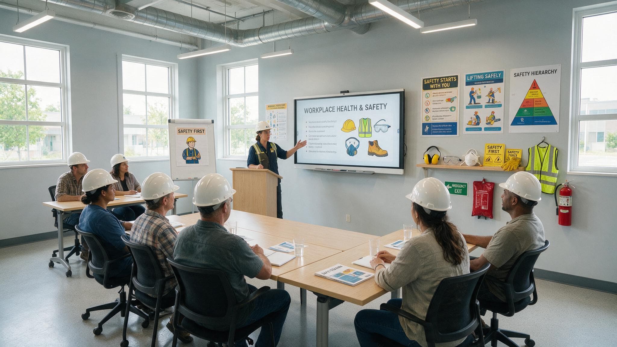 Delegates in hard hats attending a workplace health and safety class