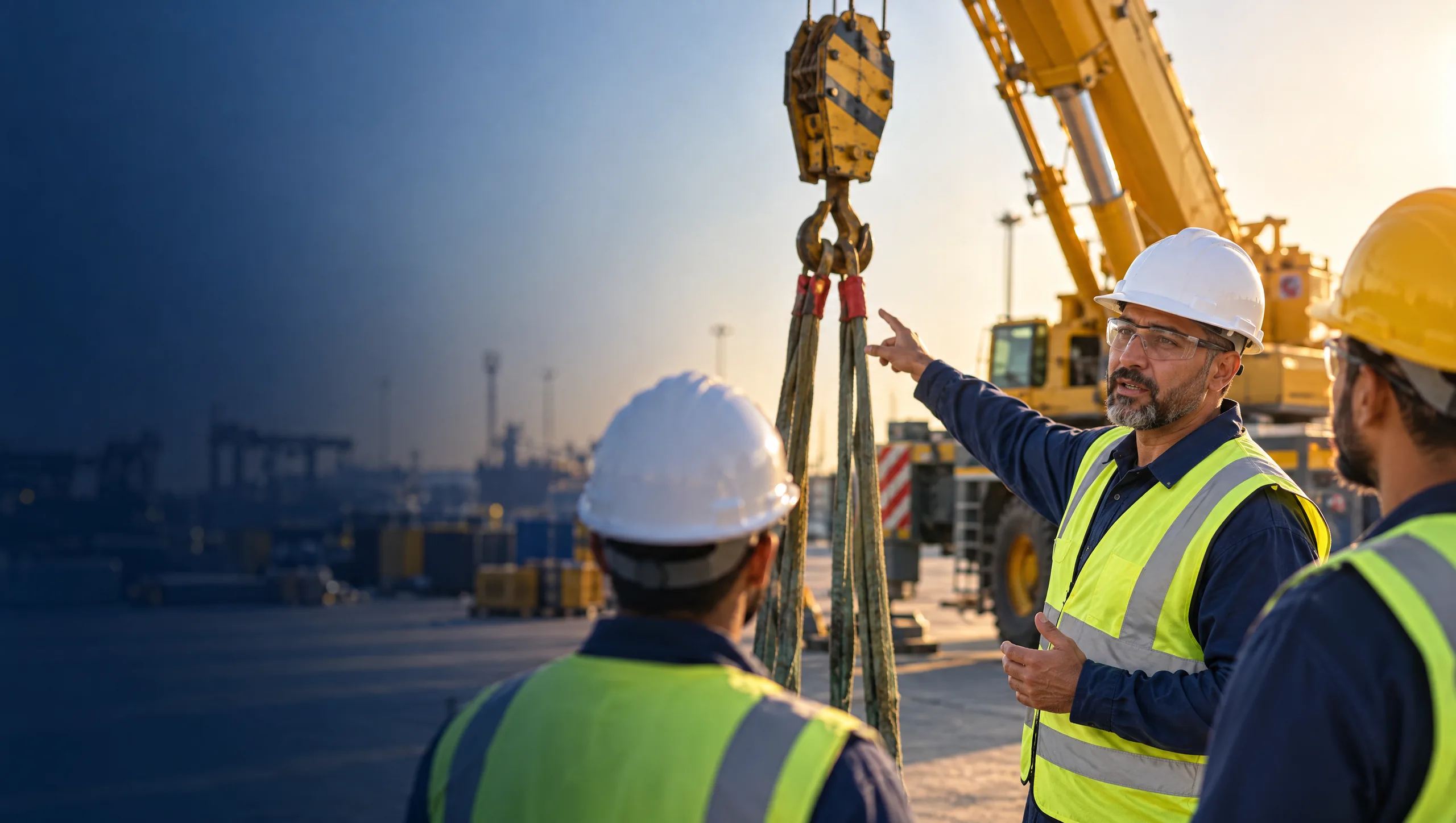 Site supervisor directing a crane lift with a colleague on site