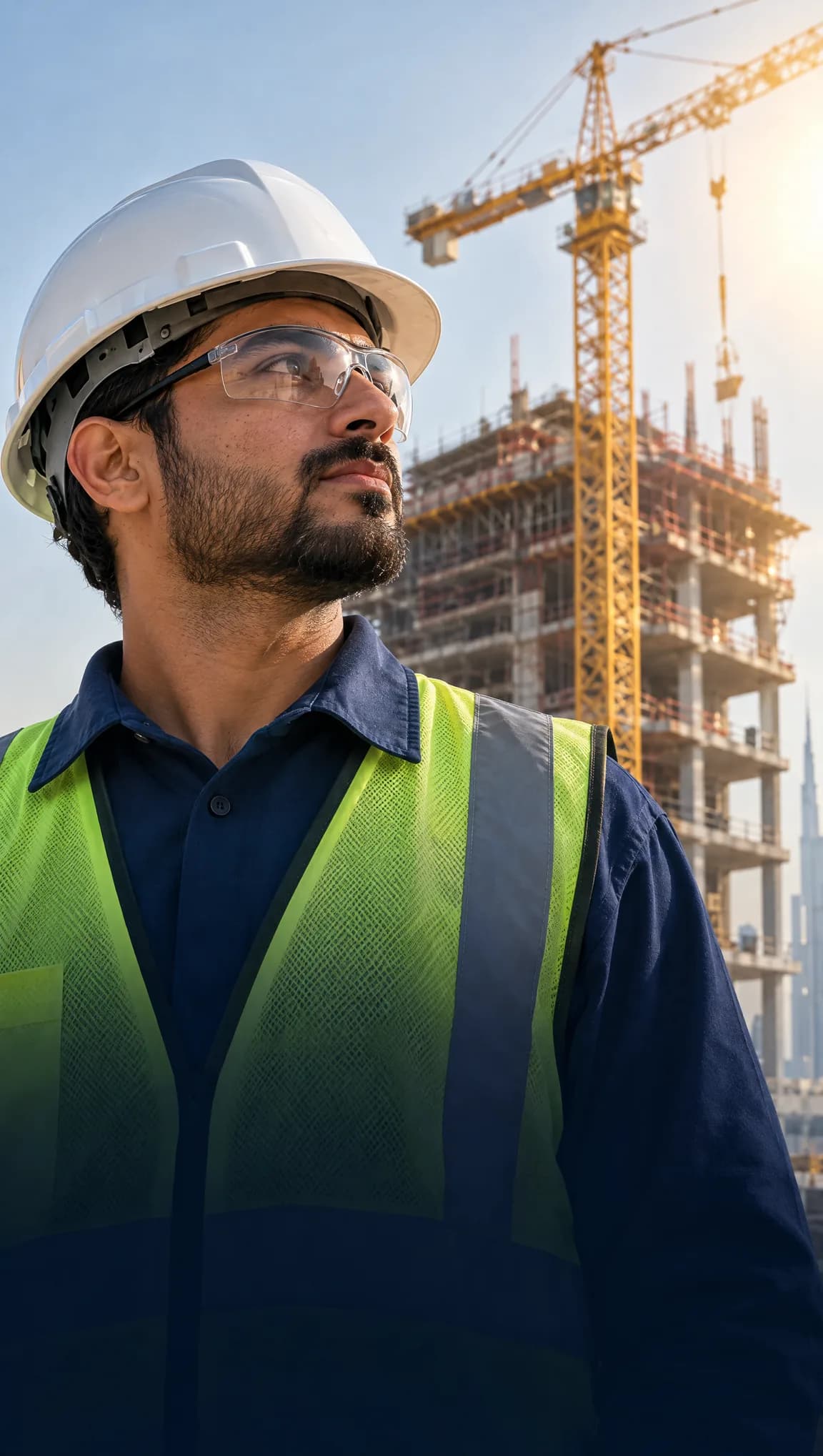 Safety-trained worker in a hard hat and safety glasses on a Dubai construction site with a tower crane