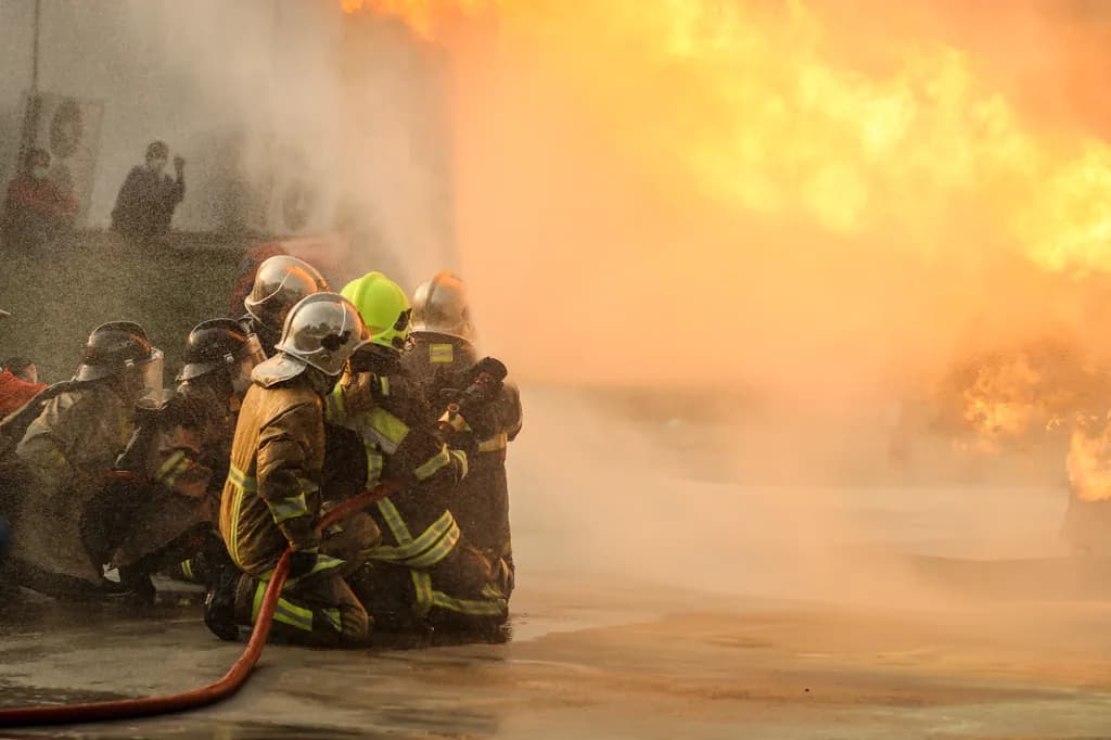 Firefighting crew in helmets and turnout gear training with a hose against a large industrial fuel fire