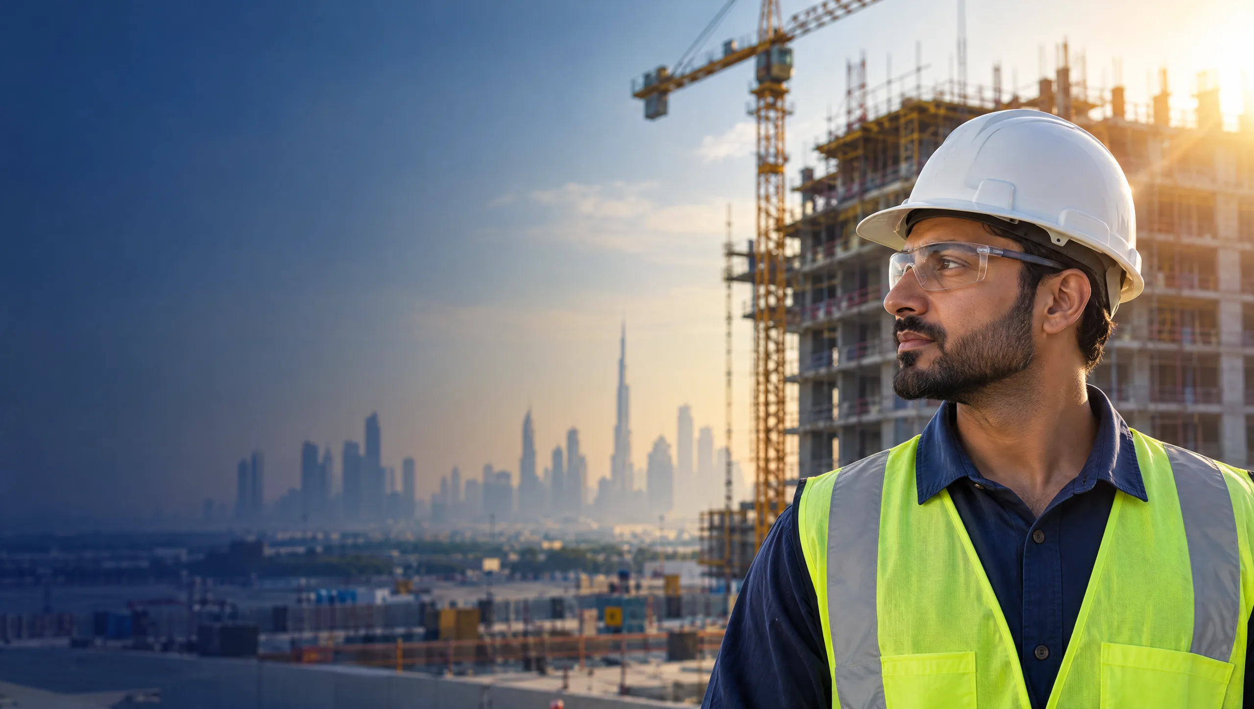 Safety officer in a hard hat overlooking a construction site in Dubai