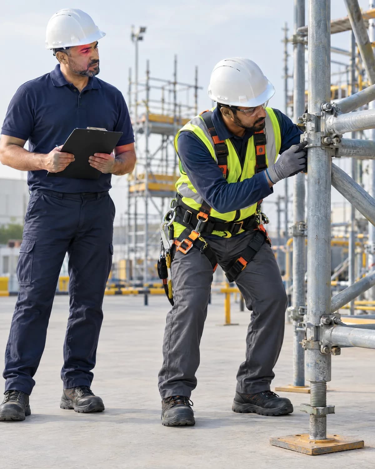 Arbrit Safety assessor with a clipboard checking scaffolding work alongside a worker on site